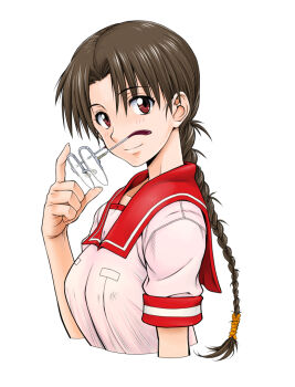 1girl braid brown_eyes brown_hair commentary_request harukaze_koucha hoshina_tomoko long_hair looking_at_viewer over-rim_eyewear red_sailor_collar sailor_collar school_uniform semi-rimless_eyewear serafuku simple_background single_braid solo to_heart to_heart_(series) unworn_eyewear white_background