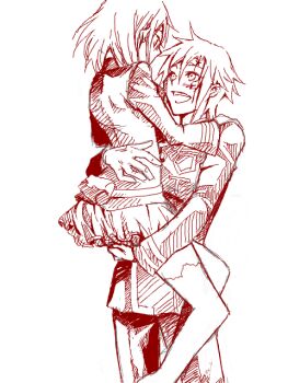 1boy 1girl allen_walker asukawvm badge belt belt_pouch black_order_uniform blush bob_cut carrying carrying_person d.gray-man facial_mark facing_another feet_out_of_frame forehead_mark hair_between_eyes hand_on_another&#039;s_ass hand_on_another&#039;s_back hand_on_another&#039;s_shoulder hug jacket legs lenalee_lee lifting_person long_sleeves looking_at_another messy_hair military military_uniform miniskirt open_mouth pants pleated_skirt pouch red_theme scar scar_across_eye scar_on_face short_hair sidelocks simple_background sketch skirt smile star_(symbol) star_facial_mark striped_clothes striped_jacket thighhighs thighs vertical-striped_clothes vertical-striped_jacket white_background