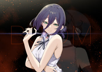 1girl absurdres armpit_crease bare_arms black_choker black_hair black_ribbon bomb_devil_(chainsaw_man) breasts chainsaw_man choker commentary double-parted_bangs english_text fingernails green_eyes grenade_pin hair_between_eyes heart highres long_hair_between_eyes looking_at_viewer medium_breasts neck_ribbon object_head open_collar projected_inset reze_(chainsaw_man) ribbon shirt sky-freedom sleeveless sleeveless_shirt smile upper_body white_shirt