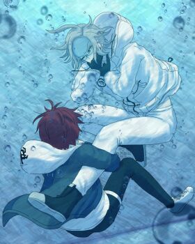 2boys ahoge air_bubble aotsuki_eito asphyxiation black_gloves black_pants black_shoes black_streaks blue_jacket bubble commentary covering_own_mouth drowning glasses gloves grey_hair grey_jacket holding_another&#039;s_leg hood hoodie jacket jacket_over_hoodie looking_at_another male_focus matsu_shimatsuki multicolored_jacket multiple_boys one_eye_closed pants red_hair shoes short_hair sumino_takumi symbol-only_commentary the_hundred_line_-last_defense_academy- two-tone_jacket underwater watermark white_hoodie white_jacket white_pants white_shoes