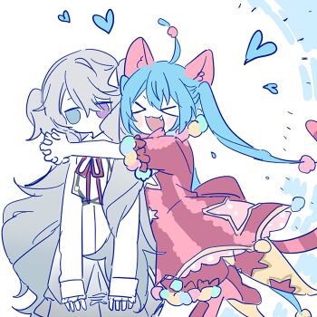 Rule 34 | > <, +++, 25-ji miku, 2girls, animal ears, arms around neck, back bow, bloomers, blue hair, blush stickers, bow, cat ears, cat tail, cleavage cutout, clothing cutout, dress, dual persona, empty eyes, expressionless, fang, foot up, gold trim, grey hair, hair between eyes, hair ornament, happy, hatsune miku, heart, heterochromia, hip vent, hug, interlocked fingers, jitome, long dress, long hair, multiple girls, neck ribbon, no mouth, no nose, own hands clasped, own hands together, pom pom (clothes), pom pom hair ornament, project sekai, red bloomers, red bow, red dress, red footwear, red ribbon, ribbon, shoes, short dress, simple background, solid circle eyes, star cutout, striped clothes, striped dress, tail, twintails, underwear, v arms, vertical-striped clothes, vertical-striped dress, very long hair, vocaloid, w0ndercurry, white background, white dress, wonderlands x showtime miku