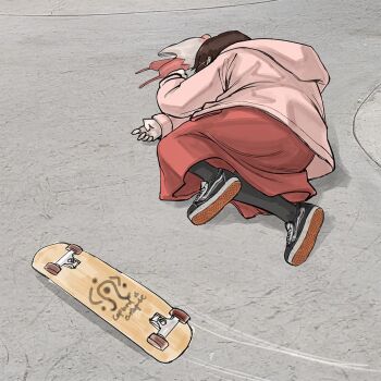 Rule 34 | 1girl, black pantyhose, black shoes, brown hair, commentary, concrete, english commentary, full body, hair ornament, hood, hooded jacket, iwakura lain, jacket, long skirt, lying, meme, on floor, on side, outdoors, pantyhose, pink jacket, red skirt, serial experiments lain, shoe soles, shoes, short hair, skateboard, skirt, sneakers, solo, x hair ornament, yamcha pose (meme), yuroroo