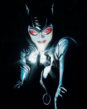 1girl alex_ross batman_(series) black_background black_bodysuit bodysuit catwoman dc_comics gem goggles highres holding holding_gem looking_at_viewer red-tinted_eyewear red_lips selina_kyle simple_background solo textless_version tinted_eyewear white_gemstone