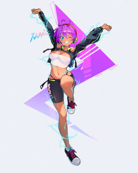 Rule 34 | 1girl, absurdres, arms up, bike shorts, black shoes, blue eyes, breasts, clothing cutout, crop top, cropped hoodie, dark-skinned female, dark skin, electricity, headphones, high voltage shantae, highres, holographic hair, hood, hoodie, itou kazuki, long hair, navel, one eye closed, panty straps, ponytail, purple hair, shantae, shantae (series), shantae advance: risky revolution, shoes, shoulder cutout, smile, solo, standing, standing on one leg, very long hair, white background