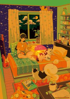 1girl animal barefoot bed bedroom black_hair blanket book candy cat cellphone clock closed_mouth cloud colorful commentary cup curtains digital_clock electric_guitar food frown full_body guitar headphones highres holding holding_book indian_style indoors instrument long_hair moon mug night night_sky okamachi_mozu on_bed open_book orange_shirt original pet phone pile_of_books pillow planet_print plant potted_plant print_curtains print_shirt reading shelf shirt short_shorts short_sleeves shorts sitting sky slice_of_life smartphone solo star_(symbol) star_print steaming_cup straight_hair symbol-only_commentary t-shirt timestamp wallpaper_(object) window wrapped_candy