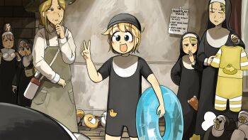 Rule 34 | 6+girls, :d, apron, bird, blonde hair, blue eyes, brown hair, cat, chicken, clumsy nun (diva), commentary, diva (hyxpk), duck, english commentary, froggy nun (diva), glasses nun (diva), grey apron, hedgehog, hedgehog on head, highres, innertube, little nuns (diva), mole, mole on cheek, motion blur, multiple girls, note, nun, old-fashioned swimsuit, open mouth, round eyewear, shirt, smile, spicy nun (diva), strict nun's mother (diva), strict nun (diva), swim cap, swim ring, traditional nun, triangle mouth, unworn eyewear, v, white shirt, yellow swimsuit