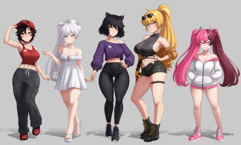 5girls alternate_costume alternate_hairstyle animal_ears bag black_hair blake_belladonna blonde_hair boots breasts brown_hair cslucaris dress hand_on_own_hip handbag hat height_difference heterochromia highres large_breasts long_hair medium_breasts multicolored_hair multiple_girls neopolitan_(rwby) pink_hair pink_shoes ponytail red_tank_top ruby_rose rwby shoes short_hair split-color_hair sunglasses sweater tank_top weiss_schnee white_dress white_hair yang_xiao_long