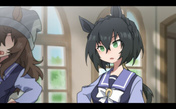 2girls animal_ears beer_hsk black_hair blurry blurry_background bow braid brown_hair crown_braid depth_of_field faceless faceless_female green_eyes hair_between_eyes horse_ears indoors kin'iro_ryotei_(umamusume) letterboxed long_hair low_ponytail multiple_girls nakayama_festa_(umamusume) open_mouth parted_lips ponytail purple_shirt school_uniform shirt tracen_school_uniform umamusume upper_body very_long_hair white_bow window
