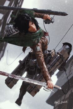 1girl 2019 3d absurdres arched_back black_hair blood bloody_weapon boots breasts brown_eyes brown_jacket cable cloak cropped_jacket dual_wielding emblem female_focus green_cloak highres holding holding_sword holding_weapon jacket jumping knee_boots knee_pads leather leather_jacket making-of_available medium_breasts mikasa_ackerman paradis_military_uniform pile_bunker rafael_benedicto rain red_scarf reverse_grip scarf shingeki_no_kyojin signature solo survey_corps_(emblem) sword three-dimensional_maneuver_gear weapon wet wet_clothes wet_hair