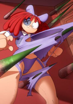 blue_eyes bow brown_hair button_eyes buttons doll garter_straps glitch_productions hair_bow highres panties patchwork_clothes ragatha_(the_amazing_digital_circus) red_hair short_hair short_sleeves spikes stitched_leg stitches the_amazing_digital_circus thighhighs tobitobi90 torn_clothes underwear