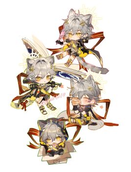 1boy alternate_costume antenna_hair artist_name as_i've_written_(honkai:_star_rail) baseball_bat belt black_belt black_cape black_gloves black_shorts book box caelus_(honkai:_star_rail) camera cape chibi chibi_only closed_mouth commentary flower food food_in_mouth fruit full_body gloves grey_hair grey_shirt hair_between_eyes halo halo_behind_head hand_up hands_up highres holding holding_baseball_bat holding_food holding_quill honkai:_star_rail honkai_(series) hood hooded_cape icing in_box in_container kemonomimi_mode laurel_crown leg_ribbon looking_at_object looking_at_viewer looking_down male_focus multiple_views open_book open_mouth pastry pink_flower quill red_belt ribbon sandals sash shirt short_hair short_sleeves shorts simple_background sitting strawberry symbol-only_commentary trailblazer_(honkai:_star_rail) white_background white_halo yellow_eyes yellow_sandals yellow_sash yomi4310