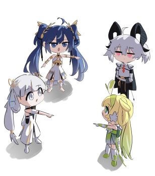 4girls ahoge alternate_hairstyle barefoot black_horns black_jacket black_pants black_tail blonde_hair blue_hair closed_mouth commentary cryne curled_horns demon_tail dress english_commentary gradient_hair green_dress green_hair hair_rings hairband hairstyle_connection head_wreath highres horns iuno_(wuthering_waves) jacket jacket_on_shoulders jinhsi_(wuthering_waves) marvel meme mole mole_under_eye multicolored_hair multiple_girls open_mouth pants pointing pointing_at_another pointing_spider-man_(meme) red_eyes shirt short_twintails simple_background spider-man_(series) tail twintails verina_(wuthering_waves) white_background white_dress white_eyes white_shirt wuthering_waves zani_(wuthering_waves)