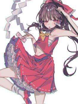 1girl amatukimahoro ascot between_fingers blush bow brown_hair commentary frilled_bow frilled_hair_tubes frilled_skirt frills gohei hair_bow hair_tubes hakurei_reimu highres holding holding_gohei long_hair looking_at_viewer mary_janes midriff_peek ofuda ofuda_between_fingers open_mouth red_bow red_eyes red_shoes red_skirt ribbon-trimmed_skirt ribbon_trim shoes skirt skirt_set socks solo touhou white_socks yellow_ascot