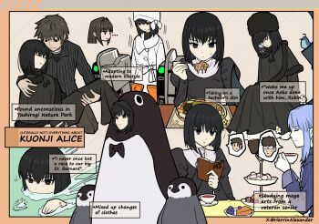 ... 2boys 3girls absurdres alexander_herrington animal_costume aozaki_aoko artist_name bandaged_neck bandages bird black_bow black_dress black_eyes black_hair blue_hair blueberry bow brown_hair brown_pants brown_shoes cake cake_slice cardigan carrying chest_bow chibi closed_eyes coat commentary cup dress eating english_commentary english_text expressionless facing_another fare_gate flower food fruit full_body grimace guimpe hat hat_bow head_only highres kuonji_alice kuzuki_souichirou light_blush light_smile long_sleeves looking_at_another looking_at_object looking_down mahou_tsukai_no_yoru medea_(fate) motion_lines multiple_boys multiple_girls notebook notepad open_cardigan open_clothes outside_border pants pasta penguin penguin_costume pom_pom_(clothes) princess_carry shizuki_soujuurou shoes short_hair sidelocks sleeping spaghetti sweatdrop swimming tea teacup trembling white_bow white_coat writing