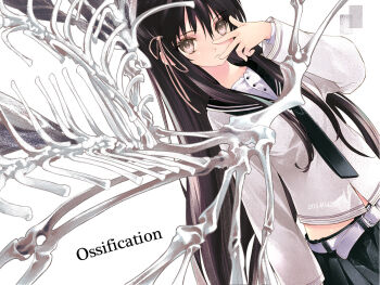 1girl belt black_hair bone commentary_request expressionless grey_eyes long_hair looking_at_viewer original ponytail skirt solo sumi_keiichi upper_body v very_long_hair