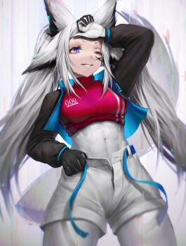 1girl abs absurdres adjusting_clothes adjusting_shorts animal_ears black_gloves black_jacket breasts commentary cowboy_shot cropped_jacket cropped_shirt cross_scar dyarikku_(vtuber) english_commentary fox_ears glitch gloves hand_to_forehead highres jacket long_hair medium_breasts navel numanoan one_eye_closed open_fly parted_lips purple_eyes red_shirt scar scar_on_face shirt shorts smile solo sweat teeth twintails very_long_hair virtual_youtuber vyugen