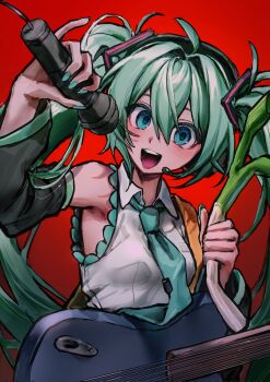 1girl ahoge aqua_hair blue_eyes breasts collared_shirt detached_sleeves electric_guitar food gradient_background guitar guitar_strap hair_ornament hatsune_miku headphones headset highres holding holding_food holding_microphone holding_spring_onion holding_vegetable instrument long_sleeves looking_at_viewer microphone nail_polish necktie open_mouth red_background shirt sleeveless sleeveless_shirt small_breasts smile solo spring_onion twintails upper_body vegetable vocaloid yuuri_(0914yuuri_k)