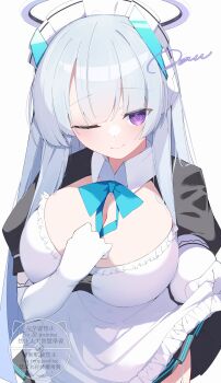 1girl absurdres apron blue_archive blush breasts cleavage commentary_request halo highres jam_(jamjam777) large_breasts long_hair looking_at_viewer maid maid_apron maid_headdress mechanical_halo noa_(blue_archive) one_eye_closed purple_eyes smile solo watermark white_hair