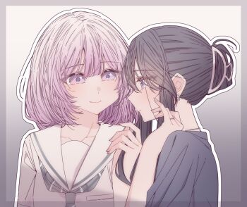 2girls black_hair border cheating_(relationship) closed_mouth commentary gradient_background gradient_hair grey_background grey_border grey_shirt hair_bun hashtag-only_commentary hitozuma_kyoushi_ga_oshiego_no_joshikousei_ni_dohamari_suru_hanashi ichigohara_itsuki jewelry kousaka_0v0 multicolored_hair multiple_girls necklace pink_eyes pink_hair purple_eyes ring school_uniform serafuku shirt smile teacher_and_student togawa_rin wedding_ring white_hair white_shirt yuri