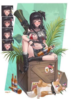 +++ 1girl :d absurdres ahoge anger_vein arm_pouch armband bandaged_knees beer_bottle belt bikini bikini_top_only bikini_under_clothes black_armband black_belt black_boots black_collar black_gloves black_hair blue_eyes blush boots bottle_cap breasts cleavage closed_eyes closed_mouth collar collarbone commentary_request crop_top crying crying_with_eyes_open dog dog_tags full_body gloves goddess_of_victory:_nikke grey_shirt grey_skirt hair_between_eyes half_gloves highres knee_boots knee_up large_breasts long_hair looking_at_viewer looking_to_the_side midriff mole mole_under_eye multiple_expressions navel nose_blush one_side_up open_mouth original red_bikini richiman rocket_launcher shaded_face shadow shirt short_sleeves sidelocks single_bare_shoulder sitting skirt smile squeans sweat swimsuit tears teeth thigh_belt thigh_strap torn_clothes torn_shirt upper_teeth_only weapon weapon_on_back wooden_box wrist_belt zoom_layer