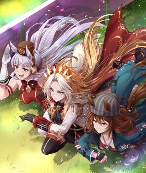 animal_ears blunt_bangs bow bowtie breasts brown_hat dress ear_bow ear_covers ear_ribbon gloves gold_ship_(red_strife)_(umamusume) gold_ship_(umamusume) grey_hair hat highres horse_ears horse_girl horse_tail horseshoe_ornament long_hair multiple_girls nakayama_festa_(umamusume) open_mouth orfevre_(umamusume) pillbox_hat purple_bow purple_eyes red_dress sailor_collar sailor_shirt shirt smile stay_gold_clan_(umamusume) tail umamusume yue_(lov_n_n)