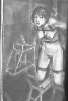 1girl arms_behind_back bad_end bdsm bondage bound breasts chain dildo female_focus female_pubic_hair frogtie guro harness highres hiroaki_samura hook horse monochrome navel nipples nude pencil peril predicament_bondage pubic_hair realistic rope short_hair solo spiked_dildo strap string tears torture trapped weights
