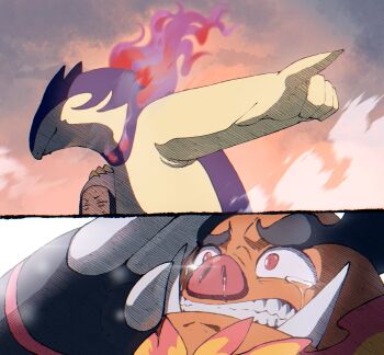 1girl 2024_pokemon_teraleak akari_(pokemon) black_hair boku_no_hero_academia commentary emboar english_commentary fire gen_5_pokemon hat headscarf highres hisuian_typhlosion meme next_it&#039;s_your_turn_(meme) nintendo nyantcha obscured_eyes parody pointing pointing_at_another pokemon pokemon_(creature) pokemon_legends:_arceus pokemon_legends:_z-a scene_reference tears white_headscarf