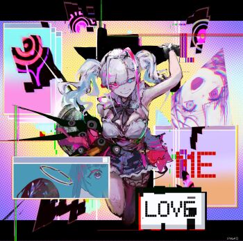 1girl abstract_background antenna_hair black_bow black_bowtie black_thighhighs blue_eyes bow bowtie breasts commentary commission eeriesen3 english_commentary girls&#039;_frontline girls&#039;_frontline_neural_cloud halo heterochromia highres kuro_(neural_cloud) kuro_(radio_world_cyber_angel)_(neural_cloud) mdr_(girls&#039;_frontline) multicolored_hair nanaka_(neural_cloud) official_alternate_costume official_alternate_hairstyle open_mouth pink_hair purple_eyes red_eyes smile thighhighs twintails two-tone_hair white_hair white_mouth window_(computing)