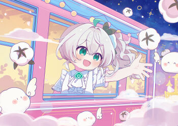 Rule 34 | 1girl, :d, ahoge, blush, cloud, commentary request, green eyes, hair between eyes, hair ornament, highres, long hair, night, open mouth, quanmian shidai, shirt, short sleeves, side ponytail, sky, smile, solo, star (sky), train, wen xiaomian, wenxiaomian family, white hair, white shirt, window