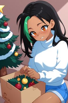 1girl absurdres black_hair blue_shorts box christmas christmas_ornaments christmas_tree commentary dark-skinned_female dark_skin english_commentary freckles green_streaks hair_down highres light_blush long_hair multicolored_hair nemona_(pokemon) nintendo orange_eyes pokemon pokemon_sv shorts smile solo streaked_hair su1zide sweater turtleneck turtleneck_sweater white_sweater