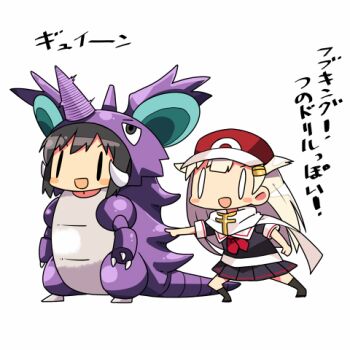 >:d 0_0 2girls :d animal_costume black_hair blonde_hair cosplay drill fubuki_(kancolle) gen_1_pokemon hair_flaps hair_ornament hairclip hat horns kanikama kantai_collection long_hair lowres multiple_girls necktie nidoking nidoking_(cosplay) nintendo open_mouth pleated_skirt pokemon scarf school_uniform serafuku single_horn skirt smile translated v-shaped_eyebrows white_scarf yuudachi_(kancolle)
