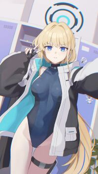1girl blonde_hair blue_archive blue_eyes blue_halo blue_leotard blue_streaks commentary_request fingerless_gloves gloves halo halter_leotard halterneck heattech_leotard highleg highleg_leotard highres holster jacket leotard locker locker_room long_hair looking_at_viewer multicolored_jacket multicolored_leotard open_clothes open_jacket outstretched_arm selfie sleeveless sleeveless_turtleneck smile solo sparkle tem_(tempainting1) thigh_holster toki_(abi-eshuh)_(blue_archive) toki_(blue_archive) turtleneck two-tone_jacket two-tone_leotard v