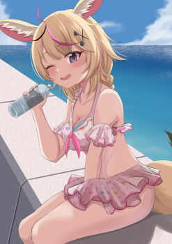 1girl absurdres ahoge animal_ear_fluff animal_ears bikini black_streaks blonde_hair blush bottle breasts cleavage collarbone commentary_request cowboy_shot fox_ears fox_girl fox_tail from_side hair_ornament hairclip heart heart_print highres holding holding_bottle hololive long_hair looking_at_viewer medium_breasts multicolored_hair omaru_polka one_eye_closed open_mouth pink_bikini pink_streaks print_bikini purple_eyes ramkilog ruffle_bikini simple_background sitting smile solo streaked_hair swimsuit tail virtual_youtuber water_bottle white_background x_hair_ornament