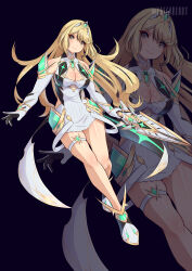 Rule 34 | 1girl, aegis sword (xenoblade), bare shoulders, blonde hair, blue background, blush, breasts, cleavage, coattails, dress, earrings, full body, gloves, hair flip, highres, holding, holding sword, holding weapon, jewelry, long hair, looking at viewer, mythra (xenoblade), shiny skin, smile, solo, sword, thigh strap, tiara, twitter username, weapon, white dress, white footwear, xenoblade chronicles (series), xenoblade chronicles 2, yaizaberry, yellow eyes