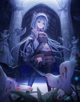 1girl animal arch armor arms_at_sides bare_shoulders bird black_boots black_bow blood blood_on_clothes blood_splatter bloody_weapon blue_eyes blue_hair blurry boots bow breasts cracked_skin depth_of_field disgust dress eyeshadow feet_out_of_frame floating_hair flower gauntlets hair_ribbon halberd highres holding holding_sword holding_weapon indoors layered_dress light_particles long_hair looking_at_viewer maid_headdress makeup original parted_lips pauldrons pillar plague_doctor_mask polearm raised_eyebrows ribbon sachi_(160332) short_dress shoulder_armor small_breasts solo statue sword thigh_boots thigh_strap thighhighs train_(clothing) trident two-sided_fabric two-sided_skirt veins very_long_hair weapon white_flower