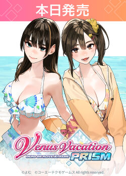 2girls bare_shoulders beach beach_volleyball bikini blue_eyes blush breasts brown_eyes brown_hair cleavage dead_or_alive dead_or_alive_xtreme dead_or_alive_xtreme_venus_vacation hair_between_eyes hair_ornament hairclip highres large_breasts long_hair looking_at_viewer medium_breasts misaki_(doa) multicolored_hair multiple_girls nanami_(doa) navel official_art open_mouth outdoors scrunchie second-party_source side_ponytail smile standing star_(symbol) star_hair_ornament streaked_hair swimsuit venus_vacation_prism:_dead_or_alive_xtreme yellow_scrunchie yomu_(sgt_epper)