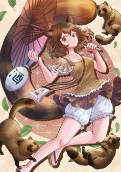 1girl :3 animal_ears bloomers bottle breasts brown_capelet brown_eyes brown_hair brown_shirt capelet cleavage closed_mouth commentary_request flip-flops futatsuiwa_mamizou glasses highres holding holding_umbrella kyabekko leaf leaf_on_head looking_at_viewer medium_breasts medium_hair notepad oil-paper_umbrella raccoon_ears raccoon_girl raccoon_tail sake_bottle sandals shirt smile solo tail tanuki toes touhou translation_request umbrella underwear white_bloomers