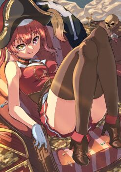 1girl ass boots breasts brown_boots brown_corset brown_thighhighs chair choker corset dress frilled_choker frills full_body gloves hat high_heel_boots high_heels highres hololive houshou_marine jolly_roger knees_up looking_at_viewer medium_breasts on_chair onabe915 pirate pirate_hat pleated_dress red_dress red_eyes red_hair short_dress sitting skull sleeveless sleeveless_dress solo thighhighs thighs tongue tongue_out virtual_youtuber white_gloves yellow_eyes