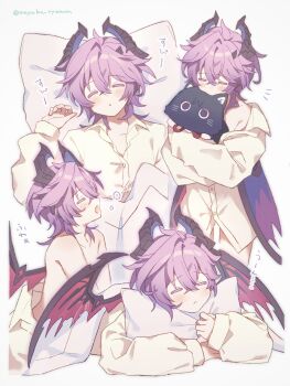 1boy black_horns blush closed_eyes closed_mouth collarbone collared_shirt commentary crossed_bangs double-parted_bangs dragon_boy dragon_horns dragon_wings genshin_impact highres horns hugging_object lying male_focus mayuka_ryemon mini_durin_(genshin_impact) mini_durin_(human)_(genshin_impact) multiple_views on_back open_collar open_mouth pajamas pillow pillow_hug purple_hair shirt squeans stuffed_toy symbol-only_commentary twitter_username white_background white_shirt wings yawning