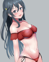 Rule 34 | 1girl, absurdres, arms behind back, bikini, black hair, borgbutler, breasts, commentary request, grey background, grey eyes, groin, highres, long hair, looking at viewer, love live!, love live! nijigasaki high school idol club, medium breasts, multi-strapped bikini bottom, navel, off-shoulder bikini, off shoulder, one side up, open mouth, partial commentary, red bikini, side-tie bikini bottom, simple background, smile, solo, standing, string bikini, swimsuit, unfinished, wet, yuki setsuna (love live!)