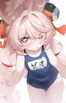 1girl animal_ear_fluff animal_ears blue_one-piece_swimsuit braid character_name cocokawa_(cjsj8353) commentary covered_navel flat_chest furry furry_female hair_ornament highres long_hair looking_at_viewer multicolored_hair name_tag old_school_swimsuit one-piece_swimsuit open_mouth pink_hair rabbit_ears rabbit_girl red_eyes school_swimsuit solo sphere_hair_ornament swimsuit symbol-only_commentary twin_braids two-tone_hair zenless_zone_zero zhao_(zenless_zone_zero)