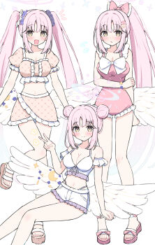 Rule 34 | 1girl, alternate costume, alternate hairstyle, bare arms, bare shoulders, blue archive, blue flower, blush, bow, brown sandals, cropped shirt, double bun, dress, feathered wings, flower, frilled leotard, frilled shirt, frilled shorts, frills, hair between eyes, hair bow, hair bun, hair flower, hair ornament, hair scrunchie, highres, holding own arm, leotard, long hair, looking at viewer, mika (blue archive), open mouth, pink bow, pink hair, pink leotard, pink sandals, ponytail, purple scrunchie, sandals, sateto (user knrf2332), scrunchie, shirt, short dress, short shorts, shorts, sidelocks, skirt, solo, standing, standing on one leg, toes, twintails, v, white scrunchie, white shirt, white shorts, wings, yellow eyes, yellow shirt, yellow skirt