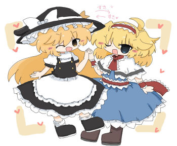 2girls alice_margatroid apron arrow_(symbol) black_boots black_hat black_skirt black_vest blonde_hair blue_dress blue_eyes boots bow brown_boots capelet chibi chibi_only commentary dress frilled_hairband frilled_sash frills hairband hat hat_bow kirisame_marisa kuuinusuki lolita_hairband long_hair looking_at_viewer multiple_girls one_eye_closed open_mouth red_hairband sash skirt smile touhou translation_request vest waist_apron white_apron white_bow white_capelet witch_hat yellow_eyes yuri
