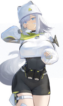 1girl absurdres arknights arknights:_endfield arm_up bandaid bandaid_on_face belt black_bodysuit blue_eyes bodysuit breasts chinese_commentary ciexbiet closed_mouth commentary_request cowboy_shot cropped_shirt estella_(arknights) fingerless_gloves gloves grey_gloves hat hat_with_ears highres huge_breasts long_sleeves looking_at_viewer medium_hair puffy_sleeves shirt shrug_(clothing) sidelocks solo standing straight_hair striped_background tail thighs underboob white_background white_hair white_hat white_shirt white_shrug