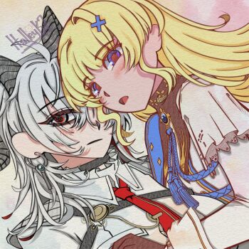 Rule 34 | 2girls, blonde hair, blue eyes, brooch, choker, earrings, gloves, grey hair, halleyk7, horns, jewelry, looking at viewer, lying, multiple girls, necktie, phoebe (wuthering waves), pocket watch, red eyes, single earring, watch, wuthering waves, zani (wuthering waves)