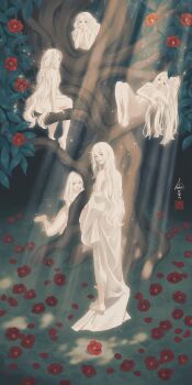 Rule 34 | 5girls, absurdres, commentary request, completely nude, flower, highres, japanese clothes, kimono, long hair, looking at viewer, multiple girls, nude, on tree, original, outdoors, red flower, seal impression, signature, sitting, standing, tree, ushiyama ame, white hair, white kimono