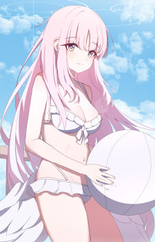Rule 34 | 1girl, absurdres, angel wings, astnya, ball, beachball, bikini, blue archive, blue sky, blush, breasts, choker, cleavage, closed mouth, cloud, collarbone, commentary request, feathered wings, halo, highres, holding, holding ball, holding beachball, looking at viewer, low wings, medium breasts, mika (blue archive), mika (swimsuit) (blue archive), navel, official alternate costume, official alternate hairstyle, pink hair, pink halo, purple eyes, sky, smile, solo, stomach, swimsuit, white bikini, white choker, white wings, wings