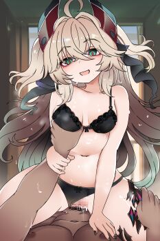 Rule 34 | 1boy, 1girl, :d, absurdres, admiral hipper (azur lane), admiral hipper (meta) (azur lane), assertive female, azur lane, black bra, black nails, black panties, blonde hair, blush, bow, bow panties, bra, breasts, clothed female nude male, clothing aside, commander (azur lane), commentary request, cowgirl position, cum, cum in pussy, deep penetration, front-fastening bra, front-tie bra, girl on top, grabbing another's breast, green eyes, groping, guided breast grab, guiding hand, hair between eyes, hand on another's chest, hand up, happy sex, headgear, hetero, highres, indoors, long hair, lsheng, medium breasts, mole, mole under eye, muscular, muscular male, nail polish, navel, nude, open mouth, panties, panties aside, penis, pov, pussy, pussy juice, red pupils, sex, small breasts, smile, solo focus, stomach, straddling, textless version, thigh grab, thighs, underwear, vaginal, very long hair