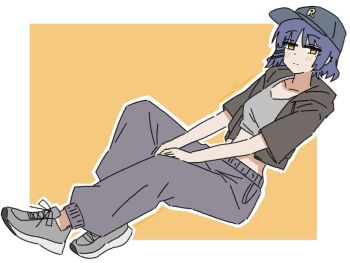 Rule 34 | baggy pants, baseball cap, blue hair, blue pants, blush, bocchi the rock!, brown sweater, closed mouth, dutch angle, grey shirt, grey shoes, hat, highres, looking to the side, midriff, orange background, pants, r (letter), shirt, shoes, short hair, sweater, two-tone background, white background, yamada ryo, yellow eyes, ymdy918