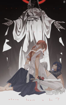 2girls absurdres black_dress black_hair boots braid braided_ponytail chainsaw_man dress girl_on_top green_eyes high_heels highres long_hair makima_(chainsaw_man) multiple_girls pakupaku_keema red_hair reze_(chainsaw_man) robe skeleton thigh_boots white_boots white_dress white_robe yellow_eyes